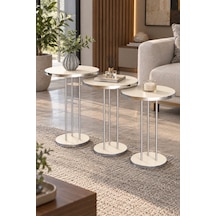 Sulorahome Gümüş Metal Ayaklı Krem Bej 3'lü Yuvarlak Zigon Sehpa Takımı