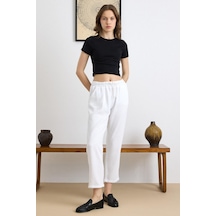 Olcay Bağcık Detaylı Beli Lastikli Soft Denim Pantolon Beyaz 7586