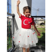 Novy-23 Nisan Türk Bayraklı Omuz Fırfırlı KızÇocuk Tişört 2-9 Yaş