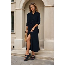 Kadın Yeni Sezon Krep Cepli Uzun Katlanabilir Kollu Büzgülü Elbise Yazlık Günlük Giyçık Siyah