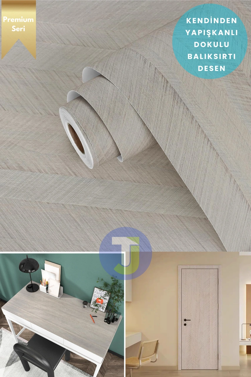 Technojet Kendinden Yapışkanlı Dokulu Balıksırtı Desen Premium Mutfak Duvar Dolap Kaplama 60cmx500cm Bej