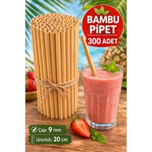 300 Adet Bambu Pipet 9mm X 20cm Kalın Smoothie Pipeti Doğal Çevre Dostu