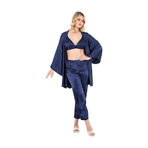 Kadın Yazlık Saten Çizgili Braletli Sabahlıklı Üçlü Set Flz 31-65 Lacivert