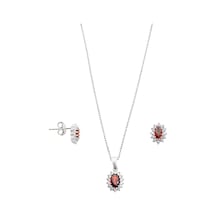 Oya Silver Mini Beyaz Işıltı Çevrili Lal Taşlı Oval Kadın Kolye Küpe Gümüş Set Oya Silver Mini Beyaz Işıltı Çevrili Lal Taşlı Oval Kadın Kolye Küpe Gümüş Set