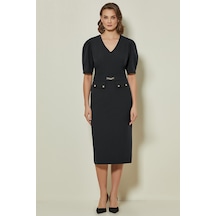 V Yaka Siyah Dokuma Elbise Siyah V Yaka Siyah Dokuma Elbise Siyah