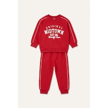 Defacto Slogan Baskılı Sweatshirt Eşofman Altı 2li Takım Erkek Bebek H9789a526aurd79 Kırmızı-rd79