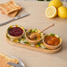Mango Ağacı Standlı 3'lü Kase Seti - İçi Emaye Kaplama Doğal Ahşap Çerezlik Ve Sosluk - 30 Cm Sunum Tepsili Dekoratif Set Limon Desen