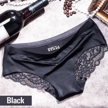 Siyah Kadın Traceless Buz Ipek Iç Çamaşırı Lüks İnci Dantel Dikiş Üçgen Külot Siyah