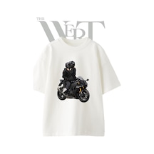 Thewert Motorcu Sevgili Tasarım Baskılı Ünisex Beyaz Oversize T-shirt