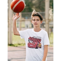 Sevbano Lightning Mcqueen Baskılı Unisex Arabalar Şimşek Çizgi Film Çocuk Beyaz