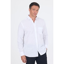 İmza Beyaz Uzun Kol Düz Armür Oval Yaka Casual Comfort Fit Gömlek 1004250249 Beyaz