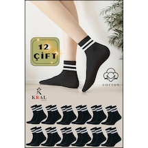 Erkek Kadın 12 Çift Çizgili Kolej Tenis Çorabı Pamuklu Terletmez Çorap Siyah