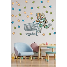 Market Arabası İle Uzayda Astronot ve Yıldızlar Duvar Sticker