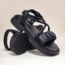 Kızlar İçin Trendy Sevimli Düz Renk Burnu Açık Sandalet, Kaymaz Aşınmaya Dayanıklı Sandalet Siyah
