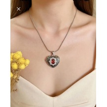 Kapaklı Osmanlı Motif Kalp Kolye Fotoğraf Konulabilir Kırmızı Taşlı Vintage Altın Renk Kadın Kolye Gümüş