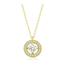 Gümüş Gold Minimal Yuvarlak Tektaş Kadın Kolye Gri