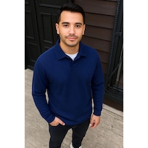 Erkek Fitilli Polar Sweatshirt Düğmesiz Polo Yaka, Oversize Rahat Kalıp, Kalın Polar Kumaş, Kışlık Lacivert