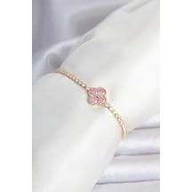 Pirinç Gold Renk Pembe Zirkon Taşlı Yonca Model Su Yolu Kadın Bileklik Gümüş