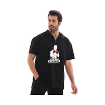 Erkek Yarım Fermuarlı Oversize Baskılı T-shirt - Siyah