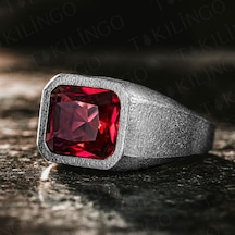 925 Ayar Gümüş Oksitli Kırmızı Ruby Taşlı Erkek Yüzük Gümüş