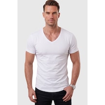 Deepsea Beyaz Erkek Slim Fit Derin V Yaka Basic Tişört %90 Pamuk Likralı Asimetrik Kesim 2602265