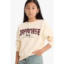 Defacto Kız Çocuk Relax Fit Bisiklet Yaka Baskılı İçi Yumuşak Tüylü Sweatshirt E6779a825wner134 Ekru