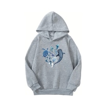 Unisex Gri Cocuk Kapüşonlu Sweatshirt Deniz Hayvanları Baskılı, Şardonlu Kalın Kumaş Gri