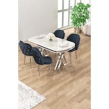 Canisa Zae Serisi 90x168 Lak Panel Beyaz Mermer Desen Krom Ayak Masa Takımı 4 Antrasit Sandalye Beyaz Mermer Desen Masa, Antrasit Sandalye