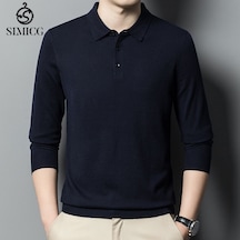 Sonbahar Yeni Stil Genç İnce Düz Renk Yaka Alt Erkek Yün Kazak Mavi