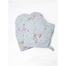 Çiçek Baskılı Gri Yanmaz Çift Fırın Eldiveni