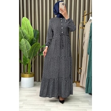 Kadın Puantiyeli Siyah Renk Viskon Kumaş Ön Düğmeli Ayarlanabilir Kuşaklı Tesettür Elbise Siyah