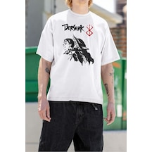 Berserk Karakter Baskılı Unisex Tişört, Oversize Anime Tişört Beyaz