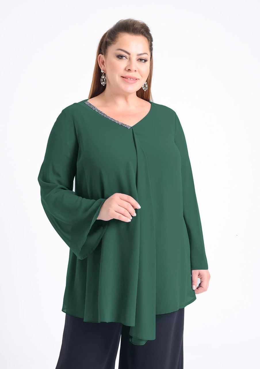 Lilas Xxl Büyük Beden Yeşil Renkli Şifon Abiye Bluz Yeşil