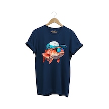 Avcılık Fishing Balık Avcılığı Şapkalı Komik Balık Tasarımı Baskılı Regular Fit %100 Pamuk Tişört Lacivert