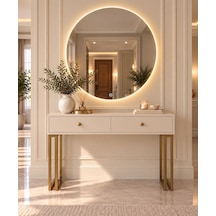 Metal Ayaklı Led Aynalı 2 Çekmeceli Dresuar - Bej Mdf