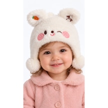 Kız Bebek Tavşan Modelli Kulaklı Ponponlu İçi Astarlı Krem Renk 6 Ay - 3 Yaş Soft Bere