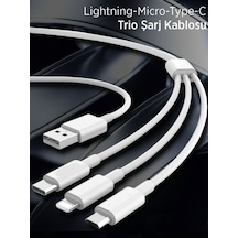 Micro Usb Apple iPhone Type-c Uyumlu 3in1 Hızlı Şarj Kablosu 3 Uçlu Şarz Kablosu Beyaz 1