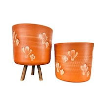 Bitki Tasarımı Ev Dekorasyon Aksesuar Kaktüs Desenli Toprak Saksı Saksılık Salon Çiçeklik İkili Set Ayaksız - 3 Ayaklı- 19 Cm
