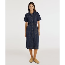 Yargıcı Kemerli Kısa Kollu Midi Boy Denim Elbise 25ykel7006x 515 Mavi