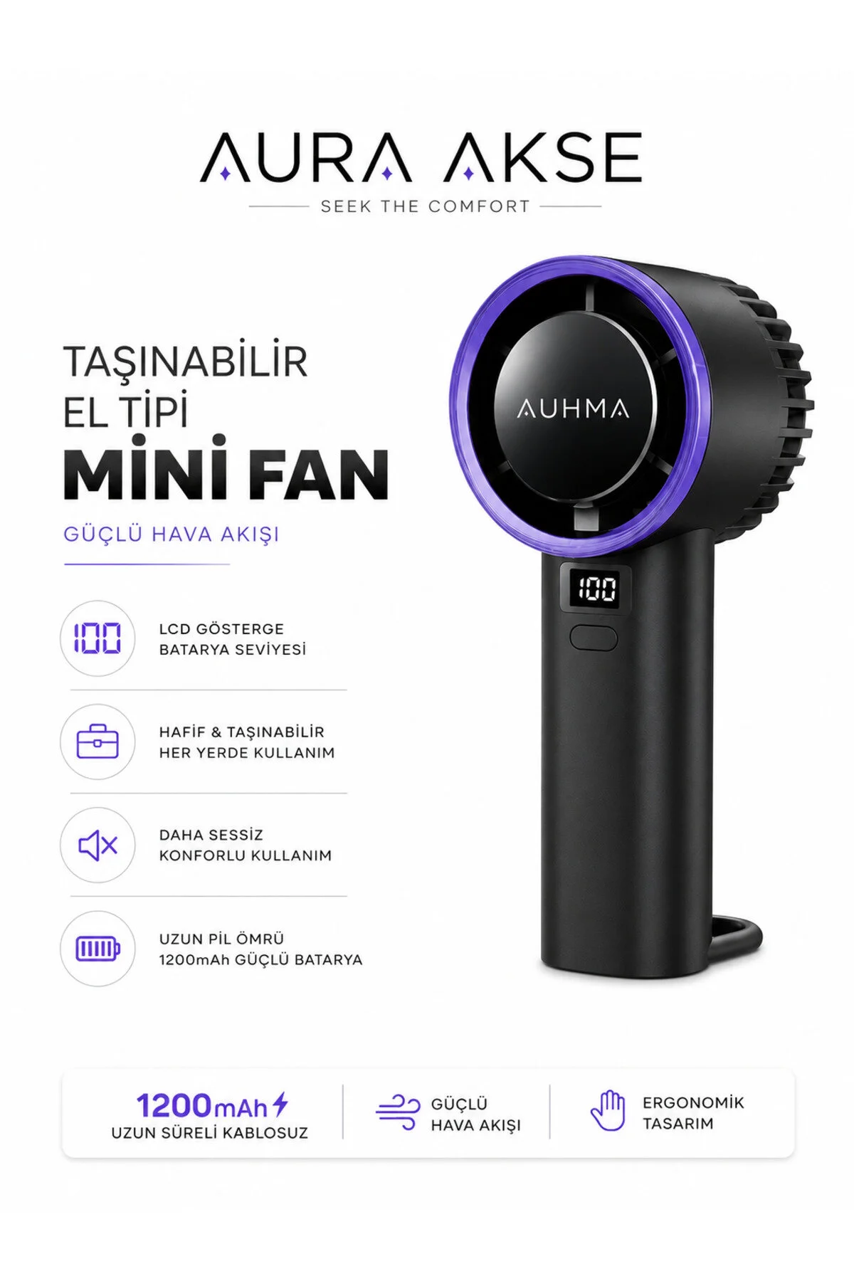 Aura Akse Premium Taşınabilir El Tipi Mini Fan Siyah