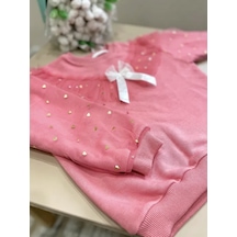 Kız Çocuk Fiyonk Kurdela Detay Organze Tül Kol Mini Kalpler Detaylı Sweatshirt 3 İplik Pudra Pembe Renk Pudra