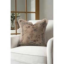 Otantik Çiçekli Saçaklı Yastık Kılıfı - Vintage Floral Bej Turkuaz Krem Püsküllü Kırlent Kılıfı Puslu Düş Opal