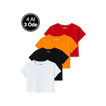 Kadın 4'lü Paket Oversize Crop Tişört %100 Pamuk Bisiklet Yaka T-shirt Turuncu