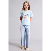 Defacto Baskılı Kısa Kollu Üst Çizgili Geniş Paça Alt Regular Fit 2li Pijama Takımı Kız Çocuk H5511a826wnbe415 Mavi-be415