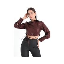 İçi Kadife Bağcıklı Kadın Kısa Deri Gömlek - Bordo-bordo Bordo