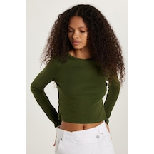 Tudors Kadın Slim Fit Dar Kesim Uzun Kollu Bisiklet Yaka Yeşil Bluz-34086 Yeşil