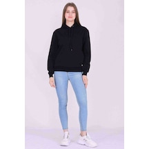 Siyah Basic Oversize Kadın Kapüşonlu Hoodie 3 Iplik Sweatshirt