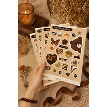 Kahverengi Sticker Seti Vintage Ayıcık Kitap Kahve Çiçek Estetik Etiket-4 Sayfa-90 Adet-kalın Kuşe K