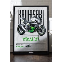 Kawasaki Ninja Z7 Siyah Ahşap Çerçeveli Poster, Dekoratif Motosiklet Duvar Tablosu