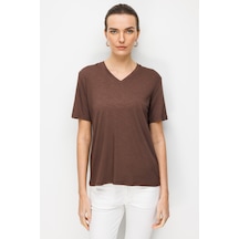 Kadın V Yaka Flamlı Kumaş Basic Tshirt K.kahve Kahve
